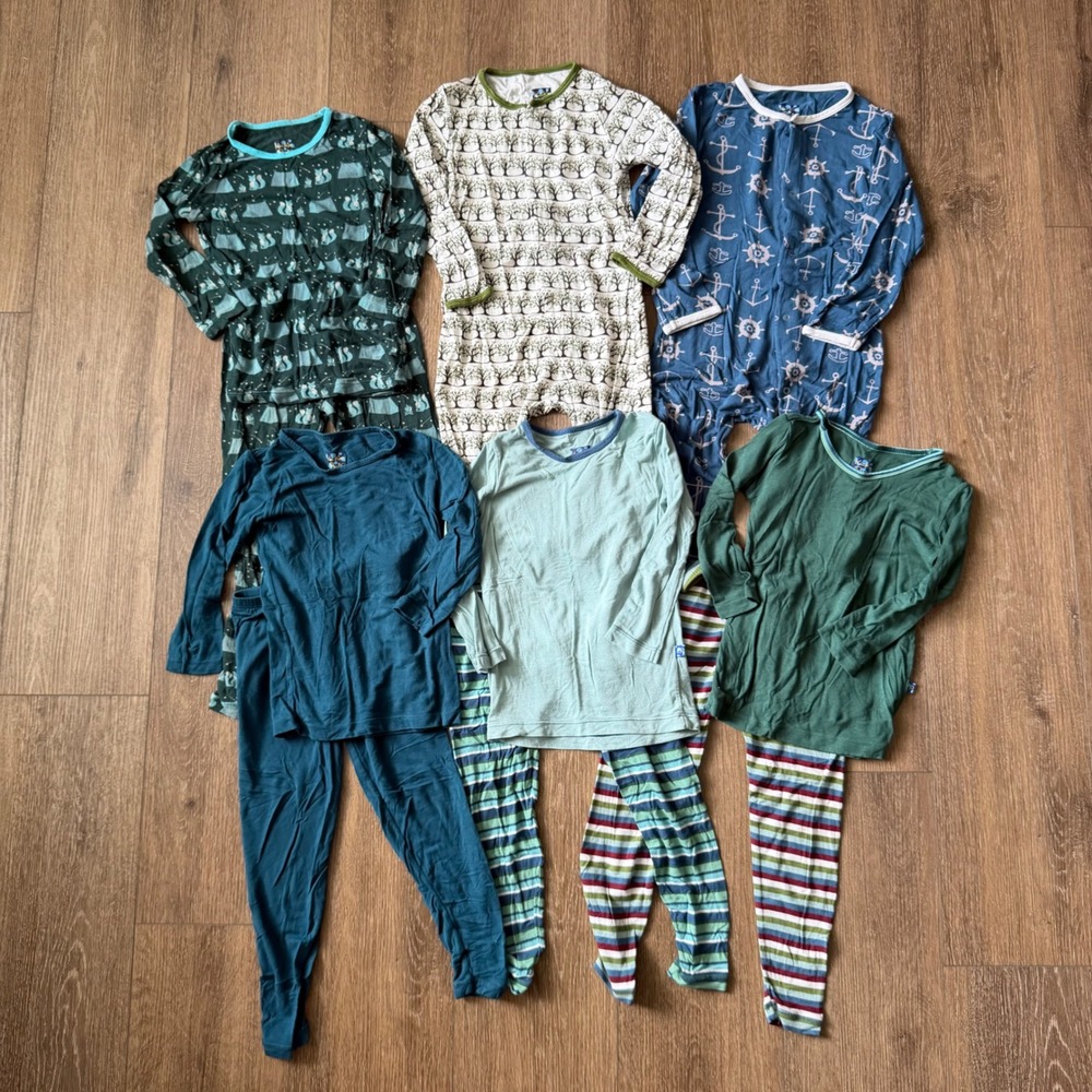 Kickee Pants Pajama Lot Boys 4T Blue Green Bamboo Viscose Sleepwear Set 6pc